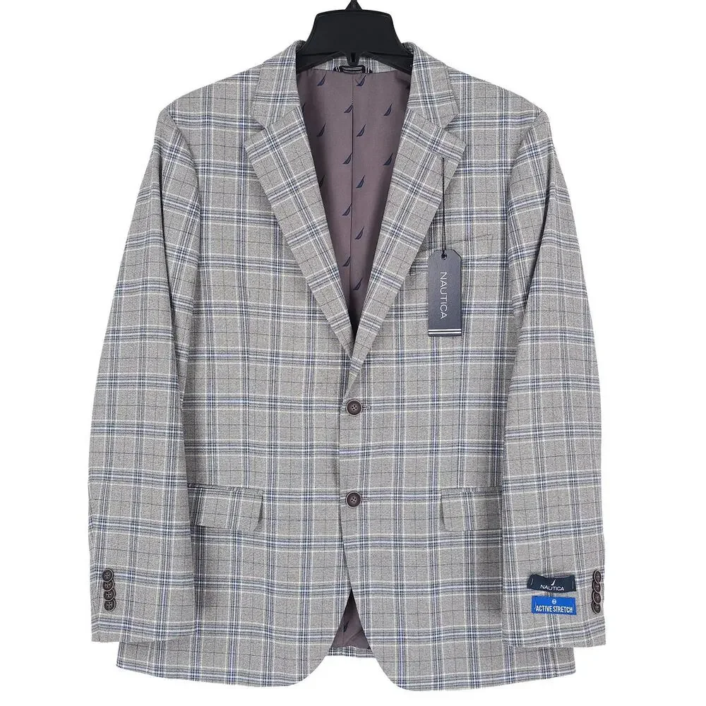 Nautica Mens Modern Fit Sport Coat Blazer 40R Grey Blue Plaid Stretch NWT